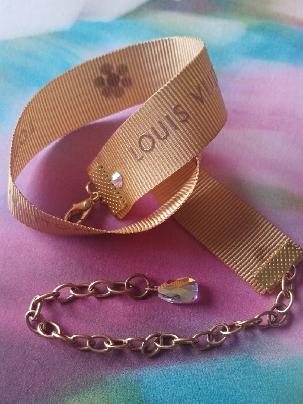 Louis Vuitton Gold Ribbon Choker with Crystal Flower Accent